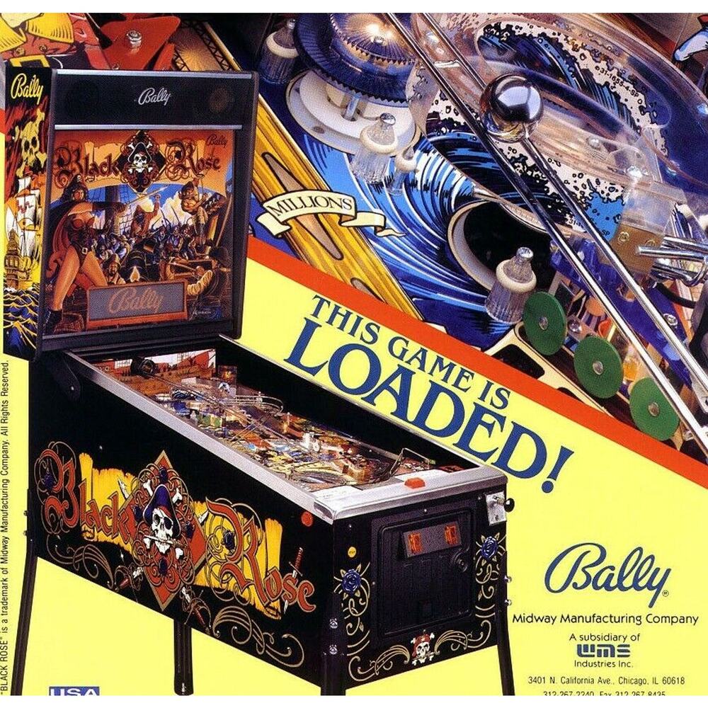 Black Rose Pinball Flyer Original 1992 NOS Pirate Ship Skulls Art Vintage Retro
